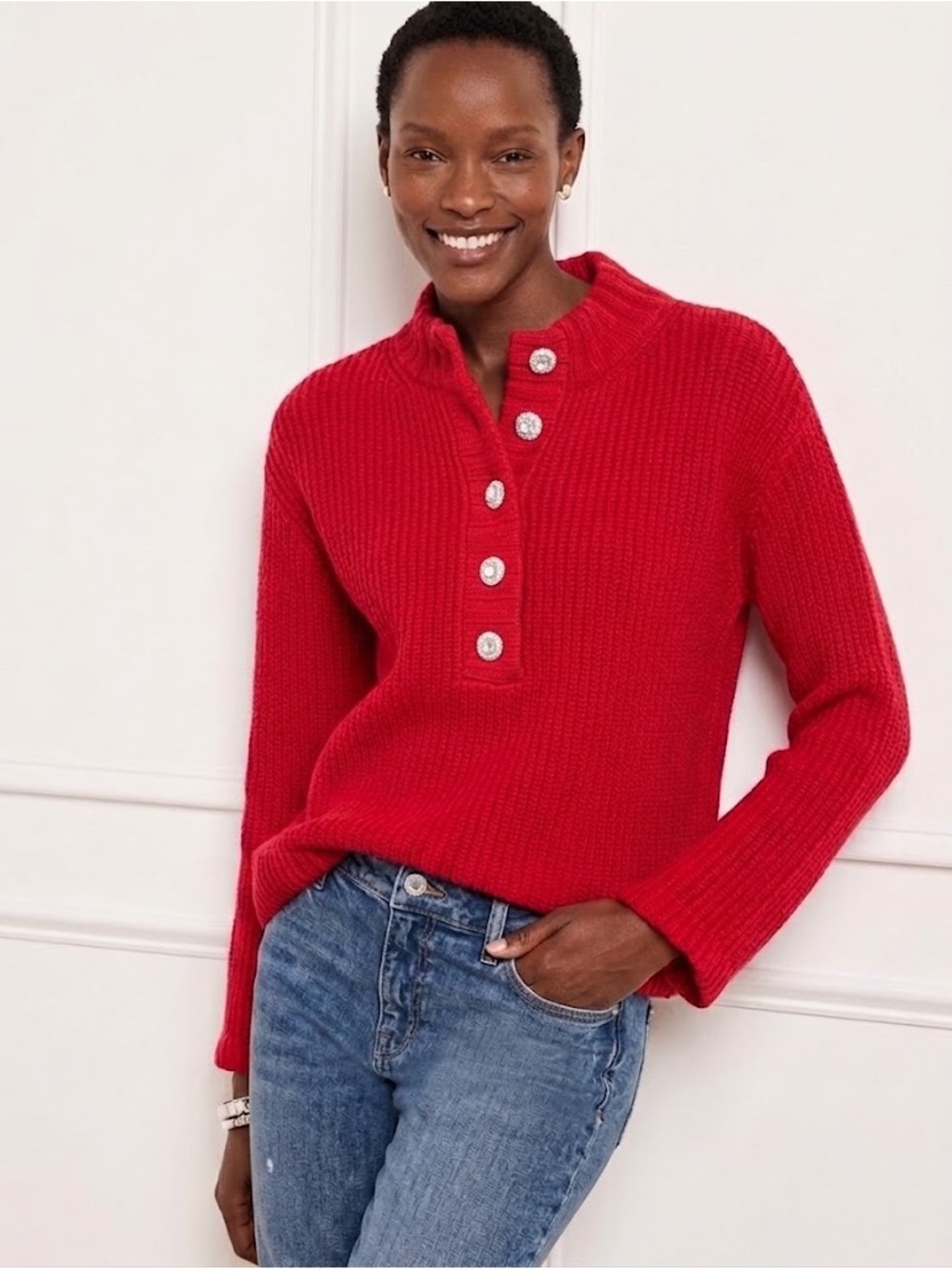 Talbots Red Button-Front Ribbed Women's Sweater